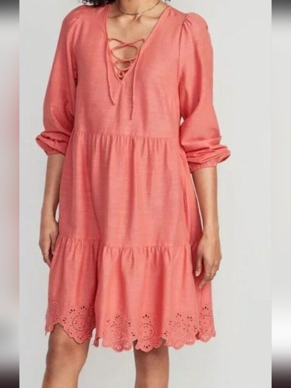 Old Navy Coral Lace-Up Tiered Mini Dress